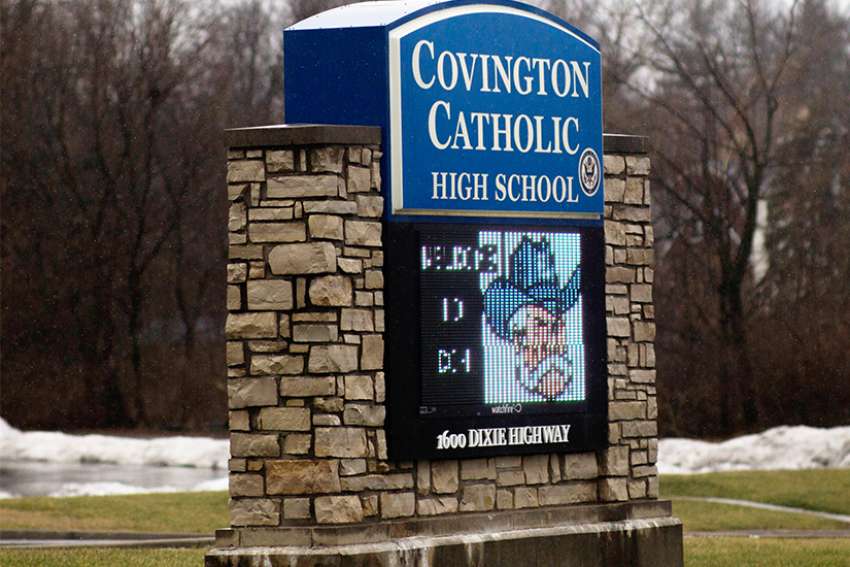 A marquee for Covington Catholic High School is seen Jan. 23 in Park Hills, Ky. 