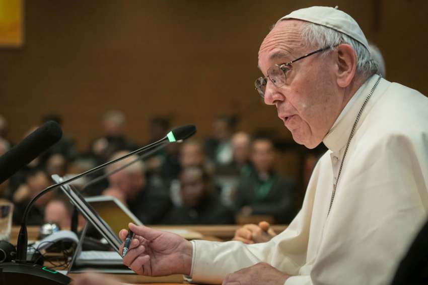 Pope Francis speaks at the Jesuits&#039; 36th general congregation in Rome Oct. 24. Pope Francis, a Jesuit, met his Jesuit brothers after the election of a new superior but did not participate in the election.