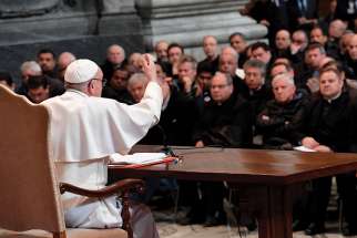 Pope Francis addresses priests of the Diocese of Rome in March at the Basilica of St. John Lateran in Rome.