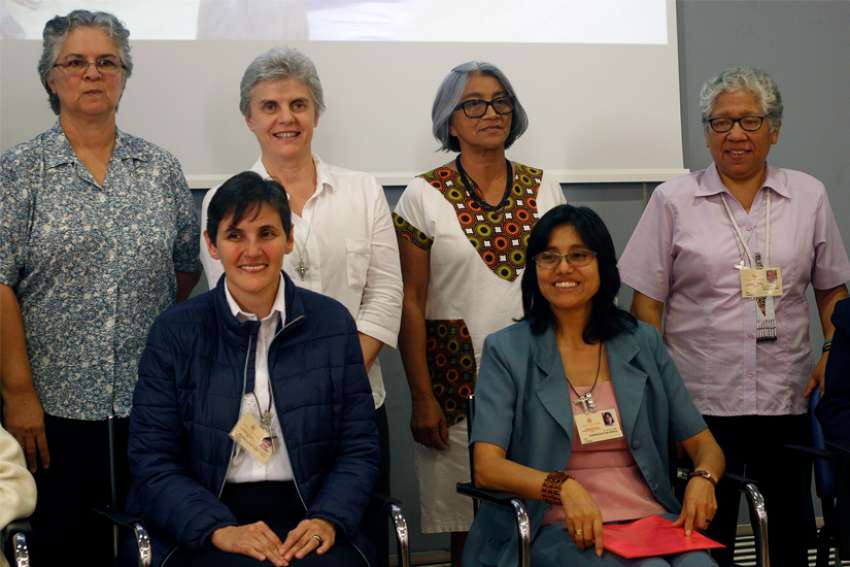 Capuchin Sister Daniela Cannavina (third from left), secretary general of the Confederation of Latin American and Caribbean Religious, told reporters in Rome Oct. 18, 2019, that the Synod of Bishops for the Amazon marks &quot;a prophetic hour for religious life.&quot; She was one of 10 religious sisters elected as observers at the synod by the International Union of Superiors General.