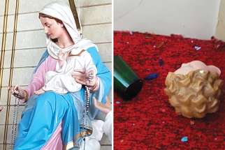 The head of this statue of the baby Jesus was knocked off during a break-in at St. John the Baptist (Polska) Church in Beaver County, near Camrose, Alta.
