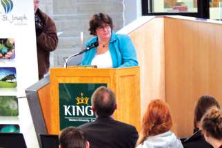 Michelle Hurtubise, the executive director of the London InterCommunity Health Centre, speaks at the launch of the London Poverty Research Centre at King’s College in London, Ont.