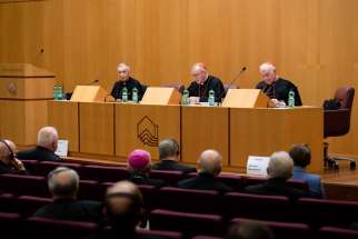 Curia officials -- Cardinal Luis Ladaria, prefect of the Dicastery for the Doctrine of the Faith; Cardinal Pietro Parolin, Vatican secretary of state; and Cardinal Marc Ouellet, prefect of the Dicastery for Bishops – meet Nov. 18, 2022, with the bishops of Germany making their &quot;ad limina&quot; visits to the Vatican. Other heads of Vatican dicasteries also attended the meeting across the street from the Vatican at the Augustinianum Institute for Patristic Studies.