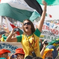 A Brazilian pilgrim cheers as Pope Benedict XVI announces that the next World Youth Day will be held in Rio de Janeiro in 2013.