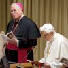 Pope Benedict XVI with Cardinal-designate Timothy M. Dolan of New York, at the start of a meeting of the world&#039;s cardinals in the synod hall at the Vatican Feb. 17.