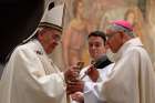 Pope Francis accepts a relic of Blessed Junipero Serra from Archbishop Jose H. Gomez of Los Angeles at the conclusion of Mass celebrated at the Pontifical North American College in Rome May 2. It was the first papal visit to the U.S. seminary since 1980. The Pope said that while some people seem to relish the idea of listing Bl. Serra&#039;s defects, he wondered how many would have the courage he had to leave everything and preach the Gospel.