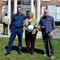 After doing a walk through of the Estate House on the Senator O’Connor College School grounds, Tony Wagner, heritage committee chair, principal Susan Baker and Dan McNeil, senior project architect, stand together outside of the building that only a year ago was ravaged by fire.