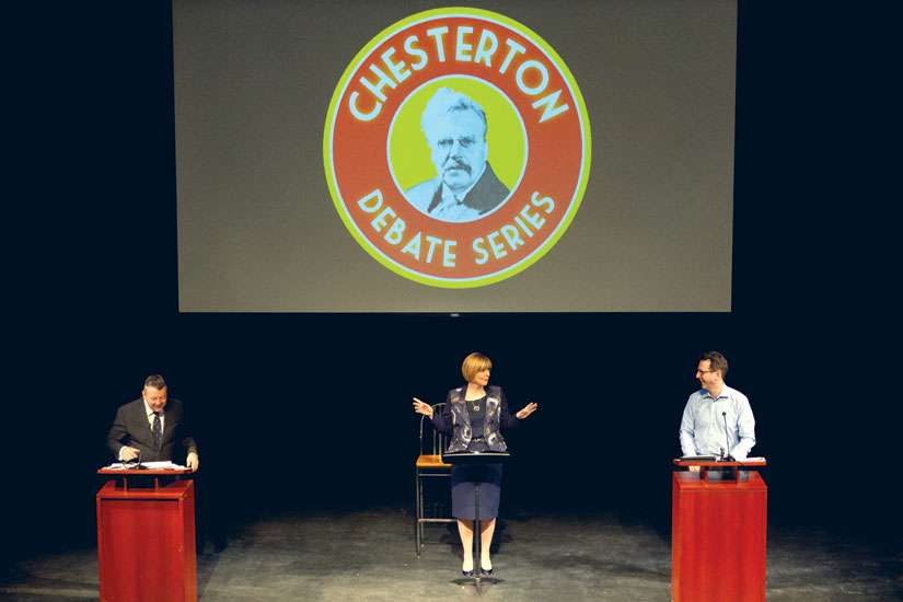 On Feb. 27, Iain Benson, left, and Leslie Rosenblood, right, take part in the Chesterton Debate Series, a lively, but friendly debate on whether religion should have a role in the political sphere. Lorna Dueck was the moderator.