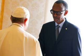 Rwanda&#039;s President Paul Kagame greets Pope Francis during a private meeting at the Vatican March 20, 2017.