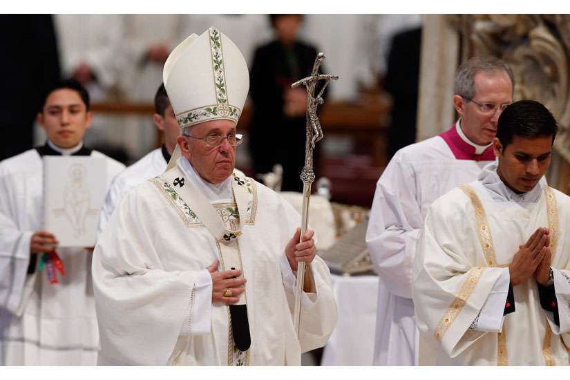 Pope Francis leaves after celebrating Holy Thursday chrism Mass in St. Peter&#039;s Basilica at the Vatican April 2.