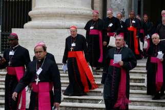 Cardinal Christoph Schonborn of Vienna, center, and bishops from around the world walk in procession from St. Peter&#039;s Basilica at the start of the Synod of Bishops for the Amazon at the Vatican in this Oct. 7, 2019, file photo. Pope Francis has approved a revision of the process for the celebrations of the Synod of Bishops, emphasizing the need to expand reflections and consultations on a diocesan level.