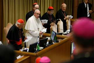 Pope Francis attends a session of the Synod of Bishops on young people, the faith and vocational discernment at the Vatican Oct. 18. 
