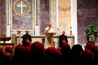 Pope Francis addresses U.S. bishops during a meeting at the Cathedral of St. Matthew the Apostle in Washington Sept. 23
