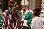 Pope Francis accepts offertory gifts from indigenous people as he celebrates the concluding Mass of the Synod of Bishops for the Amazon at the Vatican in this Oct. 27, 2019, file photo. The Vatican on Feb. 12 released the pope&#039;s apostolic exhortation, &quot;Querida Amazonia&quot; (Beloved Amazonia), which offers his conclusions from the synod.