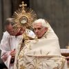 Pope Benedict XVI holds a monstrance as he leads a vespers service in the Vatican&#039;s St. Peter&#039;s Basilica with members of religious orders Feb. 2, the feast of the Presentation of the Lord and the World Day for Consecrated Life.