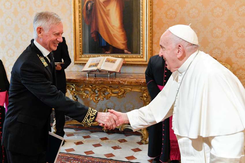 Pope Francis meets with Ivan Soltanovsky, the new Russian ambassador to the Holy See, at the Vatican Sept. 18, 2023.