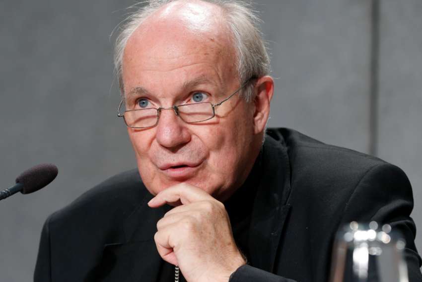 Cardinal Christoph Schonborn of Vienna speaks at a press conference following a session of the Synod of Bishops for the Amazon at the Vatican Oct. 21, 2019.
