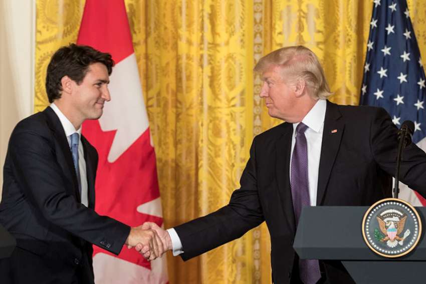 President Donald Trump (right) and Canadian Prime Minister Justin Trudeau shake hands during a joint press conference, Monday, Feb. 13, 2017, in the East Room of the White House.