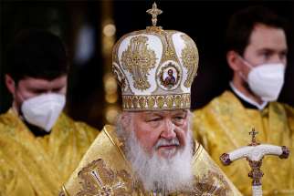 Russian Orthodox Patriarch Kirill of Moscow celebrates the Orthodox Christmas service at the Cathedral of Christ the Savior in Moscow in this January 6, 2022, file photo. A group of Orthodox theologians have issued a statement condemning Patriarch Kirill&#039;s support of the war in Ukraine.