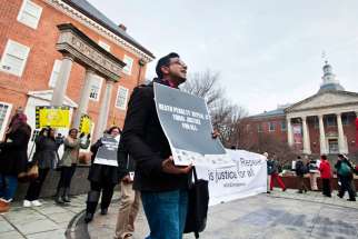 A man joins in chanting for the repeal of the death penalty in Maryland in January 2013. Maryland&#039;s death penalty was abolished in the same year May 2, signed into law by Gov. Martin O&#039;Malley. 