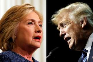 In a combination photo, U.S. Democratic presidential nominee Hillary Clinton is seen Sept. 9 and U.S Republican presidential nominee Donald Trump is seen Sept. 14.