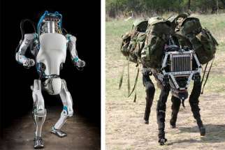 Atlas (left) is a humanoid robot developed for &quot;search and rescue&quot; missions. BigDog was a 2005 quadrupedal robot created to serve as a pack mule to accompany soldiers on rough terrains.