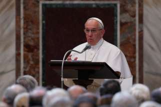 Pope Francis speaks at a ceremony at which he received the Charlemagne Prize in the Sala Regia at the Vatican May 6.
