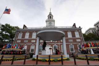 Pope Francis delivers an address from Independence Hall in Philadelphia Sept. 26.