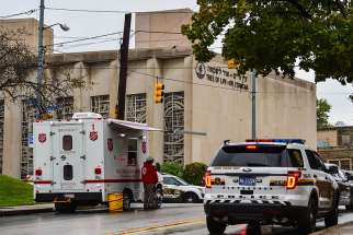 The Tree of Life Synagogue, the site of a deadly shooting, is pictured in Pittsburgh Oct. 27. Pope Francis at his Sunday Angelus prayed for those affected by a shooting attack inside the Pittsburgh synagogue. 