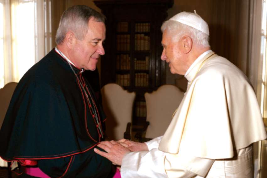 St. Louis Archbishop Robert Carlson meeting with Pope Benedict in 2012. 