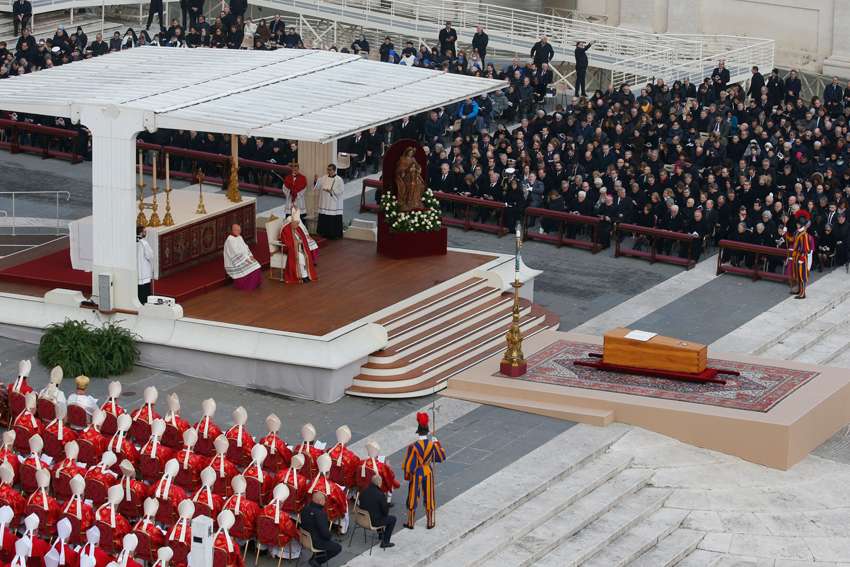 Pope Francis presides over the funeral Mass of Pope Benedict XVI in St. Peter&#039;s Square at the Vatican Jan. 5, 2023.