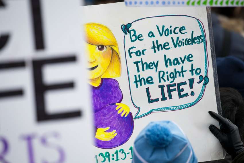 A pro-life sign is displayed during the 2019 annual March for Life rally in Washington Jan. 18, 2019.