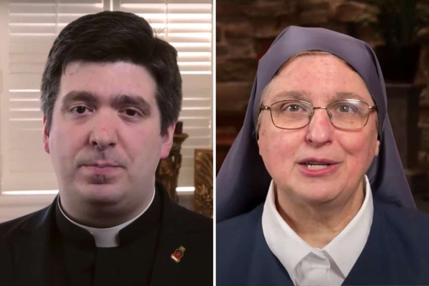 Deacon Peter Lukow, left, and Sr. Margaret Moran, right, were two of the speakers who shared their vocational experience during the online Ordinandi Dinner Youth Event held online March 1.