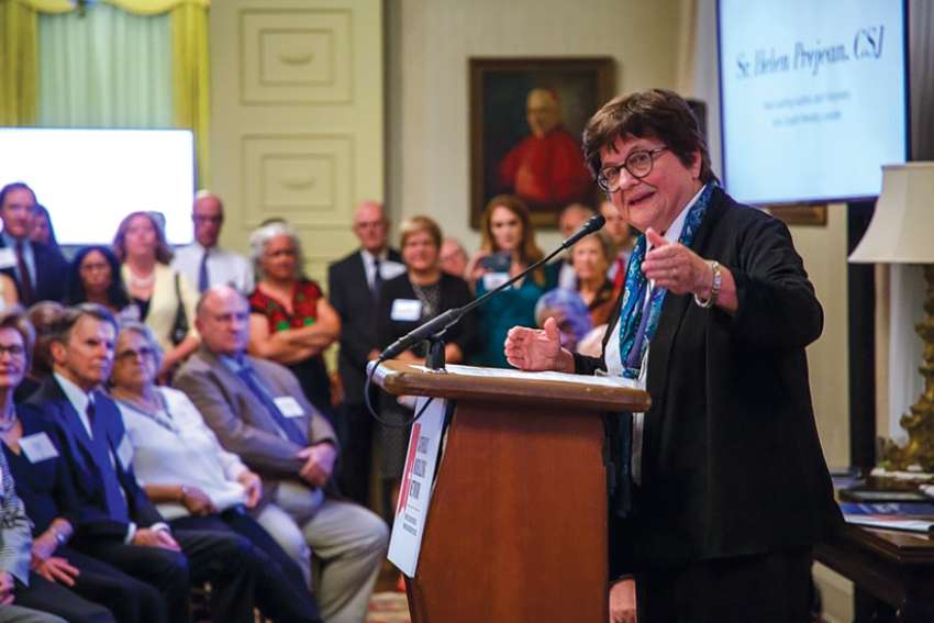 Sr. Helen Prejean, a Sister of St. Joseph, who is a longtime opponent of capital punishment, speaks to an audience at the Vatican Embassy in Washington Oct. 10, 2019.