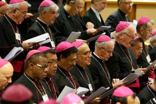  Bishops attend a session of the Synod of Bishops on young people, the faith and vocational discernment at the Vatican Oct. 23. 