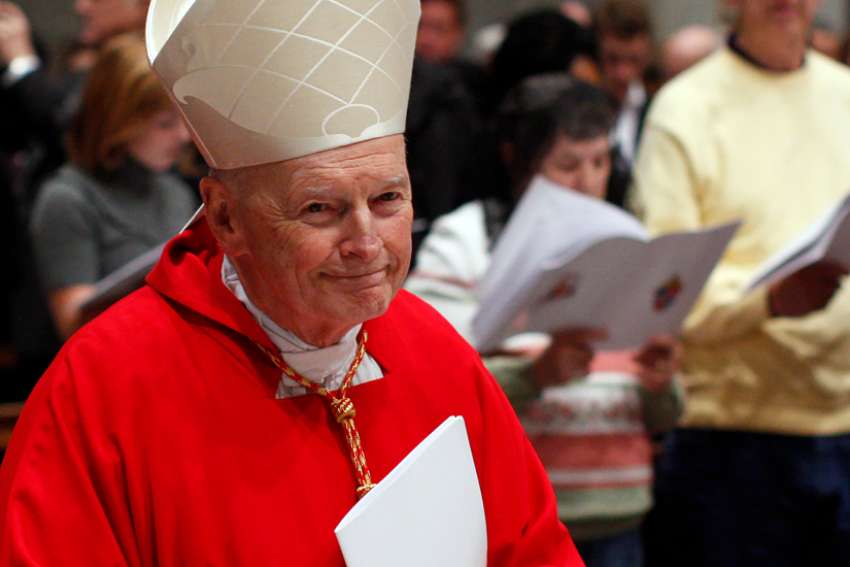 Then-Cardinal Theodore E. McCarrick, retired archbishop of Washington, arrives in procession for a Mass of thanksgiving for Cardinal Donald W. Wuerl of Washington in St. Peter&#039;s Basilica at the Vatican Nov. 22, 2010. A new lawsuit against McCarrick, who was laicized in 2019, accuses him of managing a sex ring among seminarians, altar boys and priests at a New Jersey beach house. 