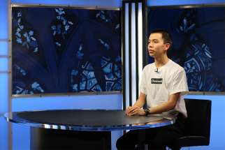 Vincent Pham goes on camera at the Salt + Light studios during the Youth Speak News retreat May 2018. 