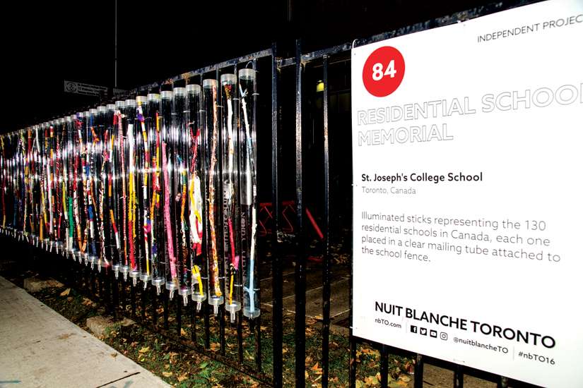 Toronto’s St. Joseph’s College School unveiled its Residential Schools Memorial Wall for the annual Nuit Blanche art festival overnight Oct. 1. The plan is to continue using the exhibit to raise awareness of past abuses done to Canada’s First Nations, Inuit and Metis in these schools.