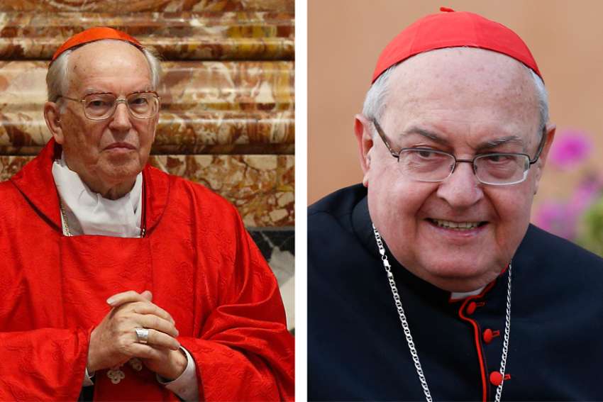 The Vatican announced Jan. 25, 2020, that Pope Francis has approved the election of Italian Cardinal Giovanni Battista Re as dean of the College of Cardinals and of Argentine Cardinal Leonardo Sandri as the subdean. The two cardinals are pictured in a June 7, 2019, and Oct. 16, 2014, combination photo.