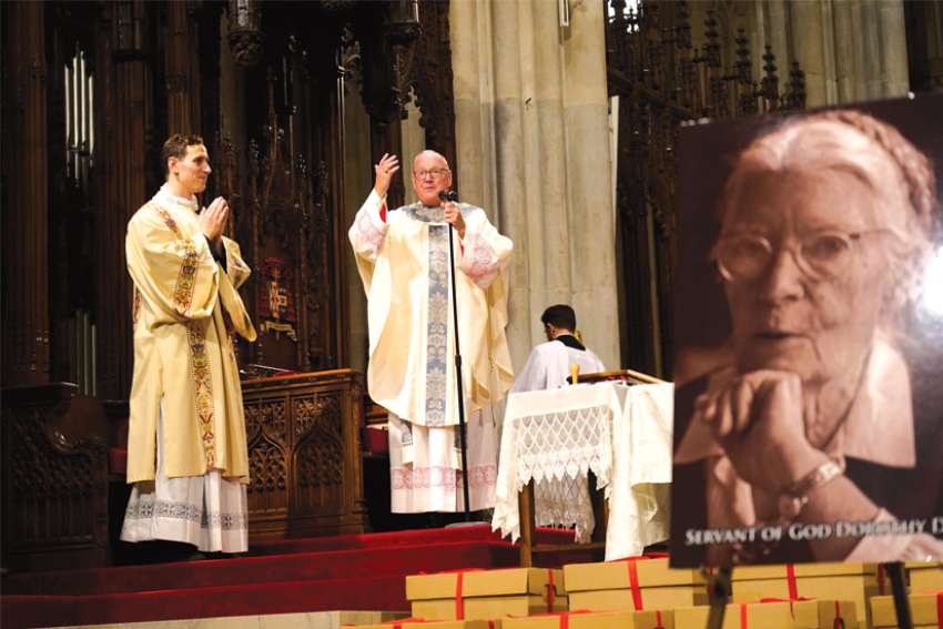 New York Cardinal Timothy M. Dolan addresses the congregation during a Mass marking the conclusion of the Archdiocese of New York’s investigation of Dorothy Day’s candidacy for sainthood Dec. 8, 2021, at St. Patrick’s Cathedral in New York City.
