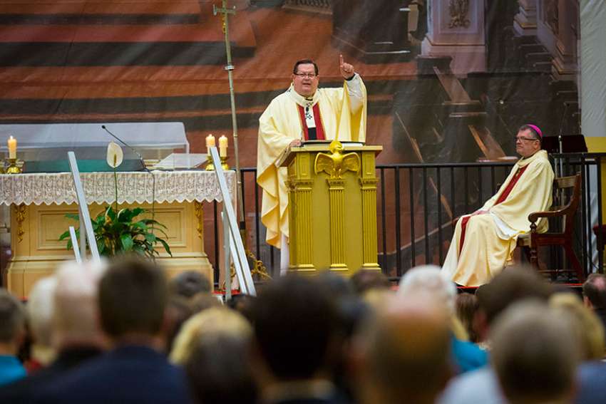 Cardinal Gerald Cyprien Lacroix of Quebec addresses attendees of the 2017 Catholic Media Conference in Quebec City during a June 21 Mass at the Cathedral-Basilica of Notre-Dame of Quebec in Quebec City.