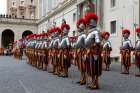 New Swiss Guard members stand at attention during their swearing-in ceremony in the Vatican&#039;s San Damaso courtyard in this May 6, 2015, file photo. Starting Sept. 2, Pope Francis will resume his general audience with the public present in the courtyard.