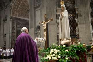 Pope Francis burns incense in front of a Marian statue after consecrating the world and, in particular, Ukraine and Russia to the Immaculate Heart of Mary during a Lenten penance service in St. Peter&#039;s Basilica at the Vatican March 25, 2022. A year later, he asked Catholics worldwide to renew the consecration and pray for peace.