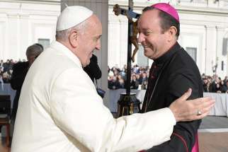 Pope Francis greets Bishop Gustavo Zanchetta of Oran in Rome. 