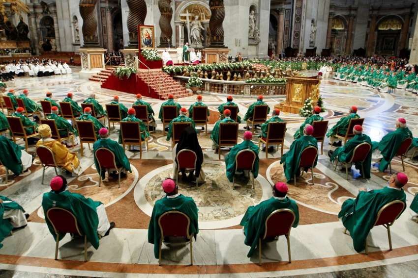 Pope Francis gives the homily as he celebrates a Mass to open the process that will lead up to the assembly of the world Synod of Bishops in 2023, in St. Peter&#039;s Basilica at the Vatican Oct. 10, 2021.