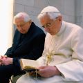 Pope Benedict XVI prays with his brother, Msgr. Georg Ratzinger in his private chapel at the Vatican April 14.