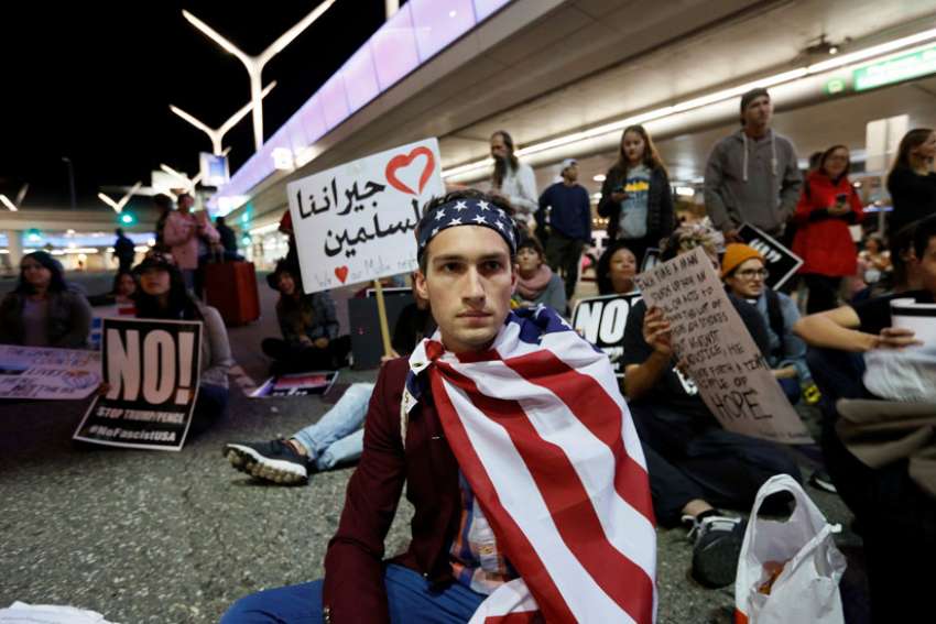 Demonstrators at LAX International Airport in Los Angeles protest the travel ban imposed by President Donald Trump Jan. 29.