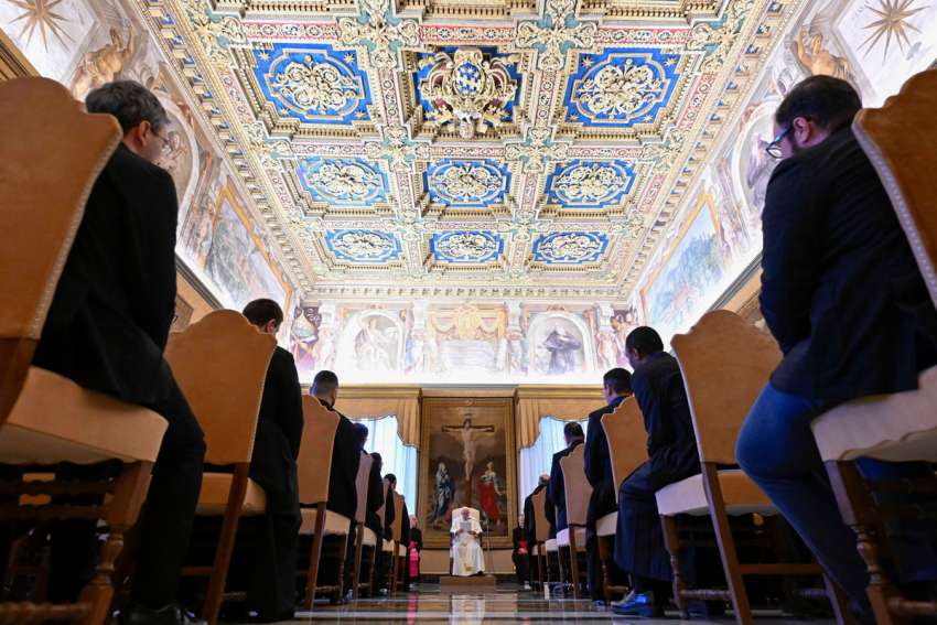 Pope Francis speaks to diocesan liturgy directors during an audience at the Vatican Jan. 20, 2023. The liturgists were attending a course at the Pontifical Institute of Liturgy in Rome.