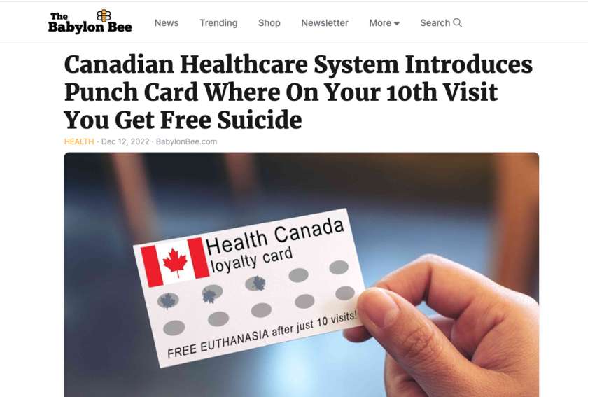 Screenshot from The Babylon Bee website showcasing one of their satirical articles about Canada’s euthanasia policy. 