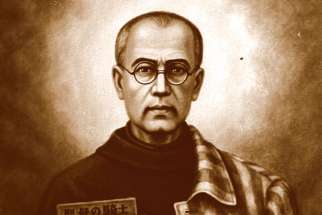 St. Maximilian Kolbe, seen in a portrait at left, sacrificed his life for another at Auschwitz in 1941.